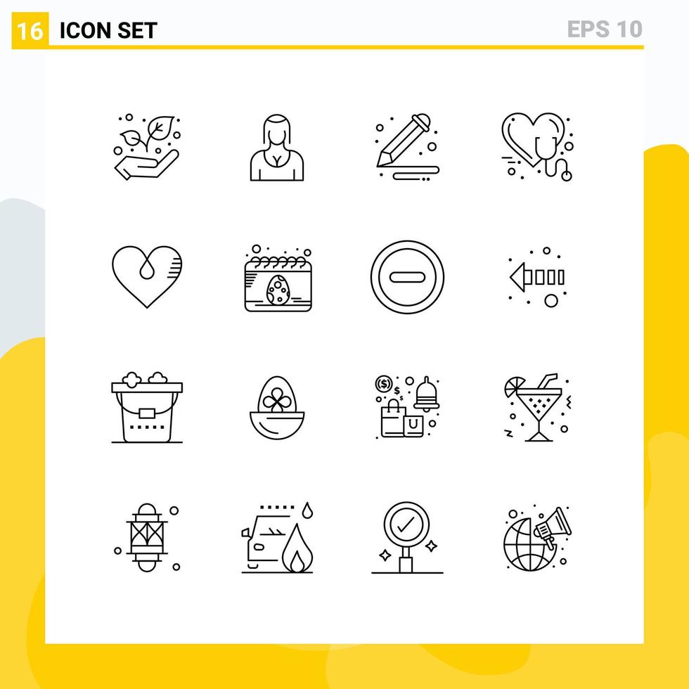 Universal Icon Symbols Group of 16 Modern Outlines of heart stethoscope art medical care Editable Vector Design Elements