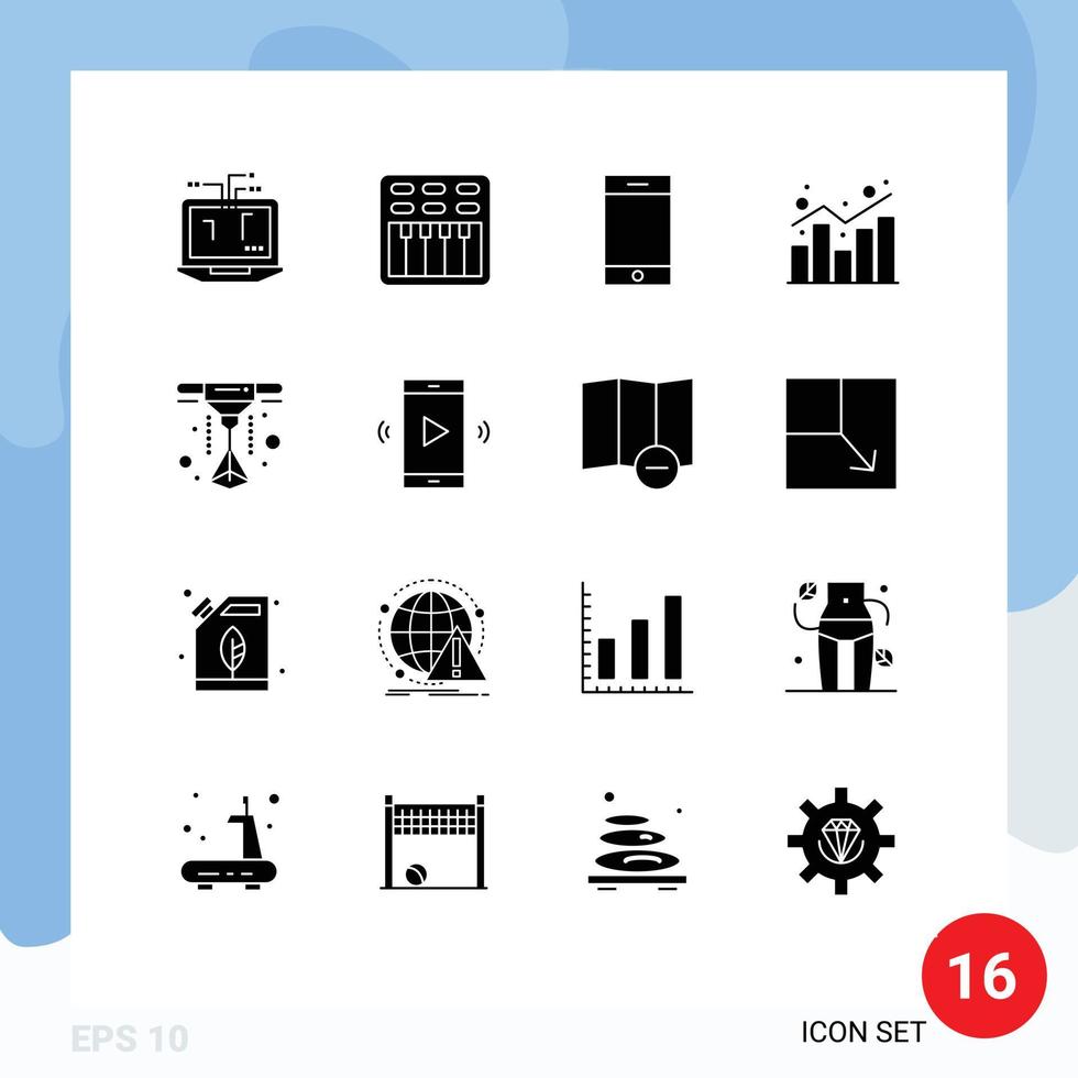 Group of 16 Modern Solid Glyphs Set for printer statistics device shopping chart Editable Vector Design Elements