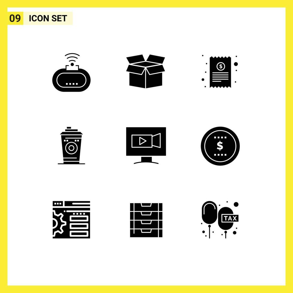 Pack of 9 Modern Solid Glyphs Signs and Symbols for Web Print Media such as video monitor cash receipt black coffee mug Editable Vector Design Elements