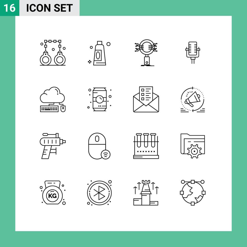 Modern Set of 16 Outlines Pictograph of keyboard song search record microphone Editable Vector Design Elements