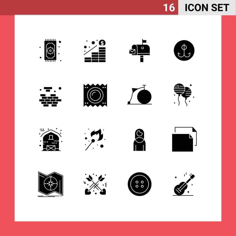 Solid Glyph Pack of 16 Universal Symbols of logic hook money fishing postoffice Editable Vector Design Elements