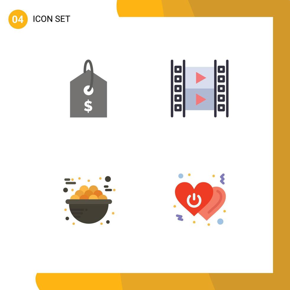 Universal Icon Symbols Group of 4 Modern Flat Icons of price porridge film multimedia food Editable Vector Design Elements