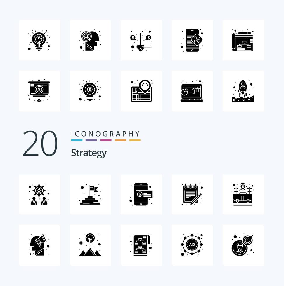 20 Strategy Solid Glyph icon Pack like case bag mobile payment sheet paper vector