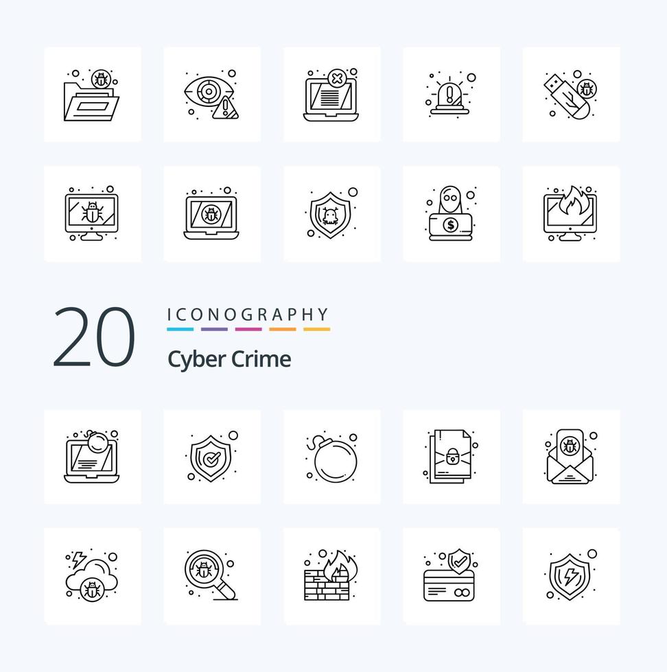 20 Cyber Crime Line icon Pack like email virus bug shopping protection document vector
