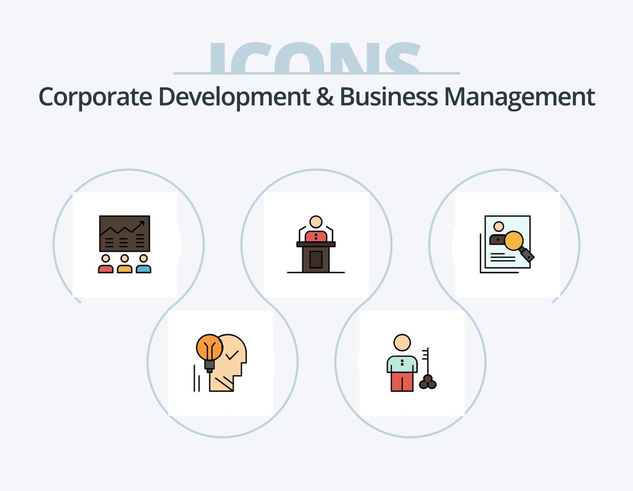 Corporate Development And Business Management Line Filled Icon Pack 5 Icon Design. lightbulb. brain. graphs. creative. statistics vector