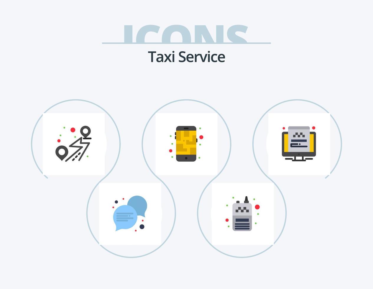 servicio de taxi paquete de iconos planos 5 diseño de iconos. sitio web. taxi. alfiler. ruta. móvil vector