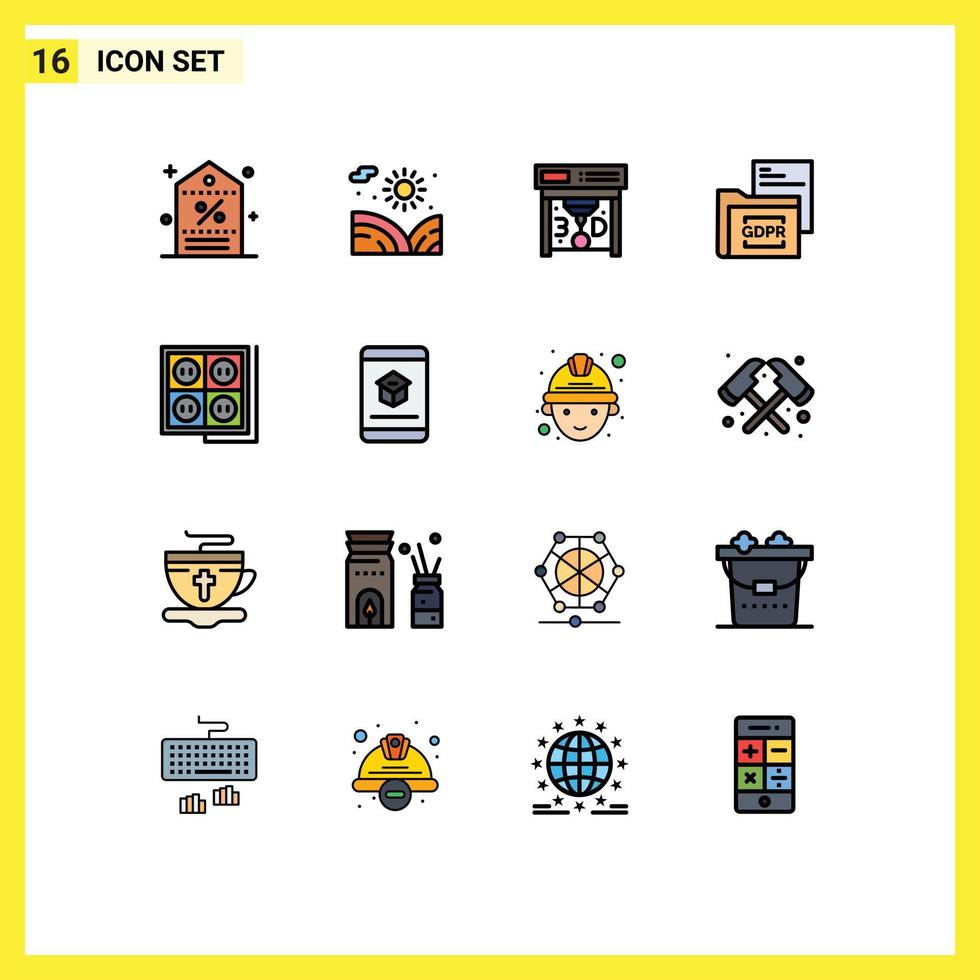 16 Thematic Vector Flat Color Filled Lines and Editable Symbols of building folder water file data Editable Creative Vector Design Elements