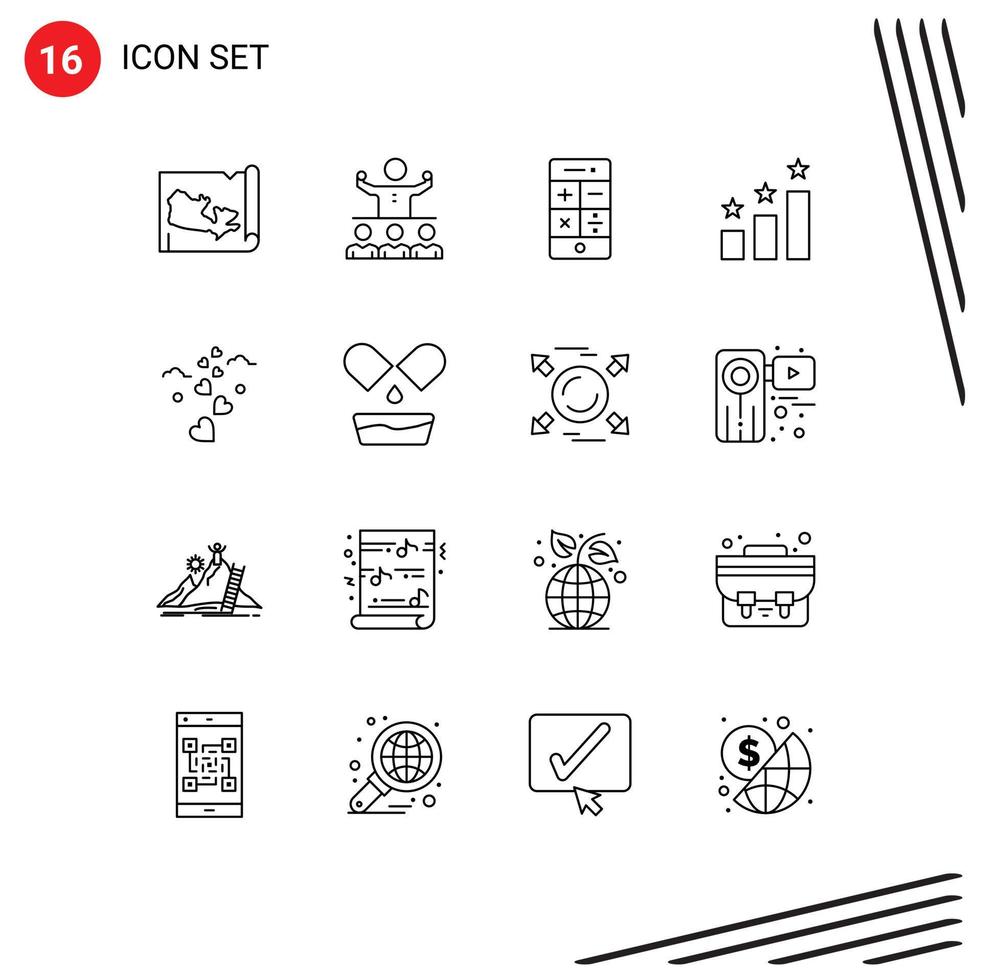 Pack of 16 creative Outlines of loving hearts calculator success achievement Editable Vector Design Elements