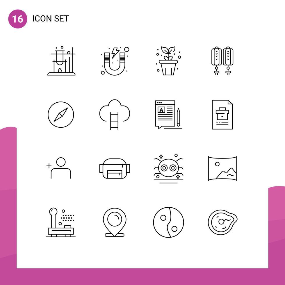 Group of 16 Modern Outlines Set for compass decoration agriculture chinese pendant Editable Vector Design Elements