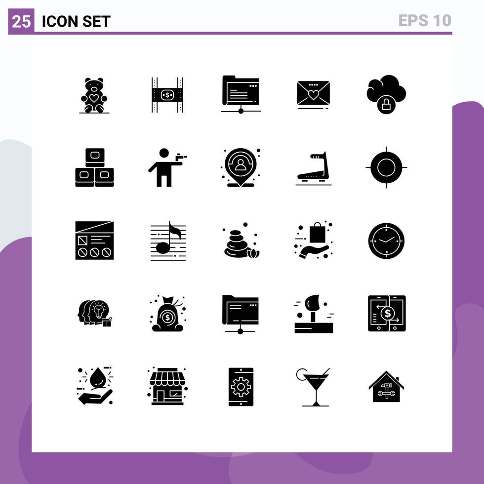 Mobile Interface Solid Glyph Set of 25 Pictograms of cloud weddind movie love storage Editable Vector Design Elements
