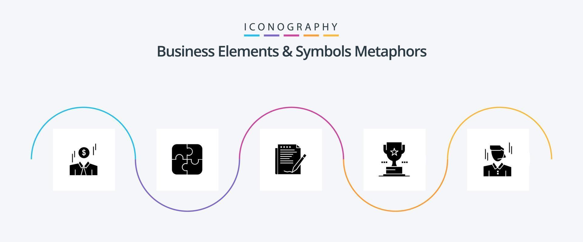 Business Elements And Symbols Metaphors Glyph 5 Icon Pack Including businessman. prize. agreement. trophy. paper vector