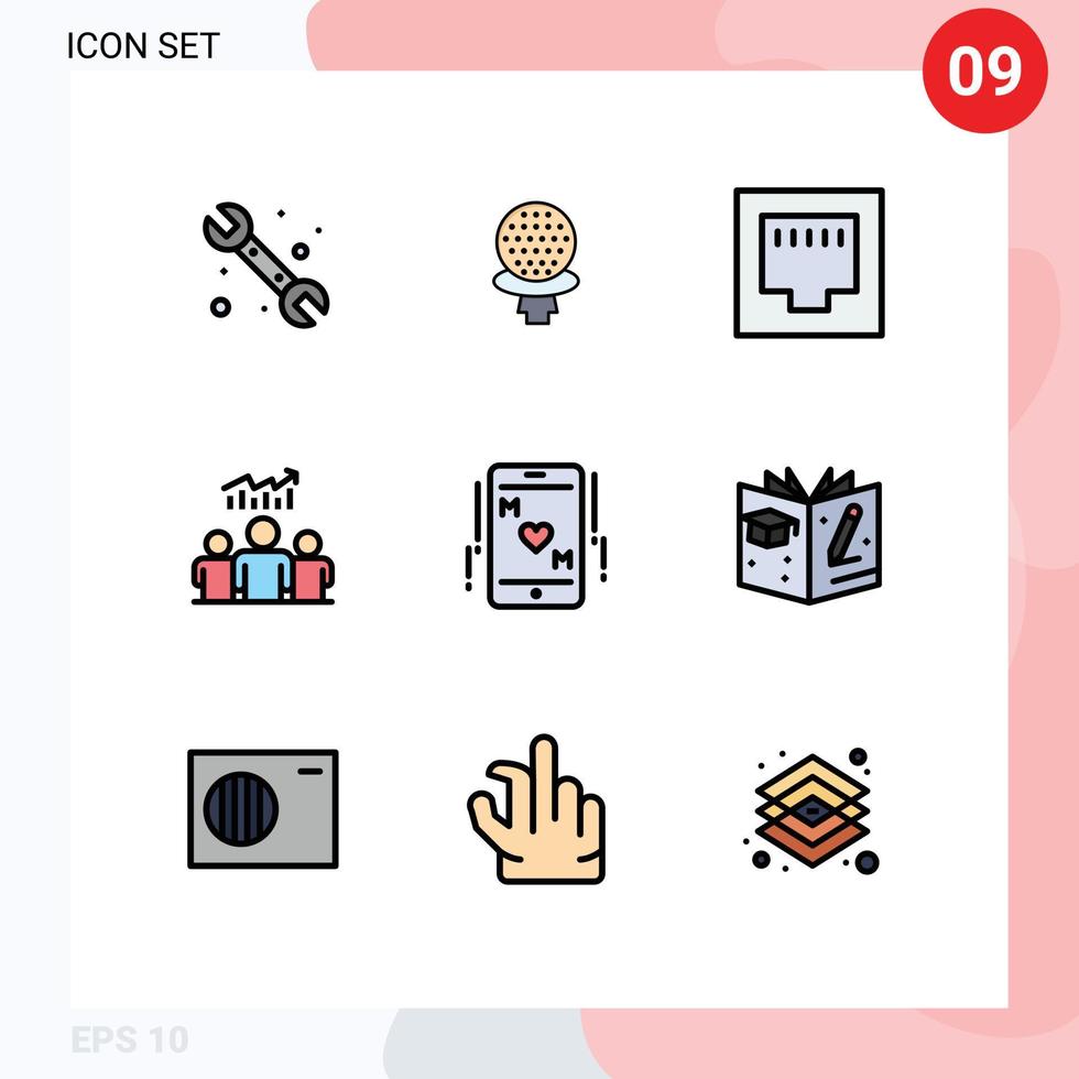 9 colores planos universales de línea de llenado establecidos para aplicaciones web y móviles amor éxito gráfico de cable elementos de diseño vectorial editables por el usuario vector