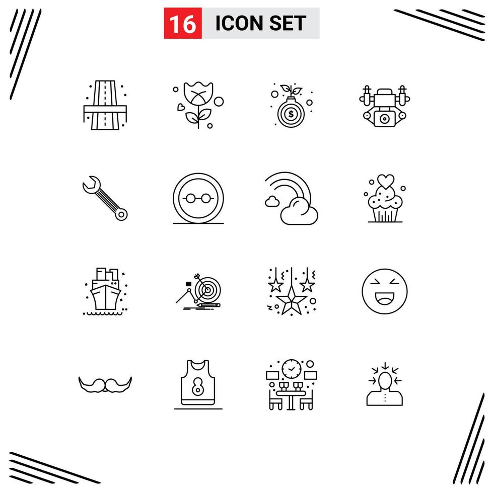 Outline Pack of 16 Universal Symbols of construction adjustable hand wrench camera Editable Vector Design Elements
