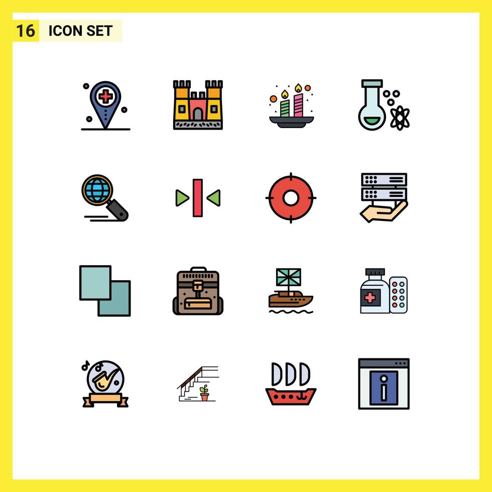 Flat Color Filled Line Pack of 16 Universal Symbols of internet space candles science atom Editable Creative Vector Design Elements