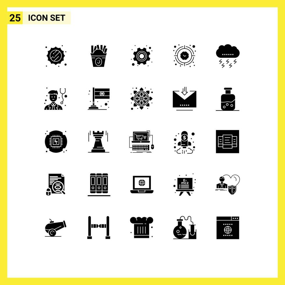 User Interface Pack of 25 Basic Solid Glyphs of cloud timer gear time focus Editable Vector Design Elements