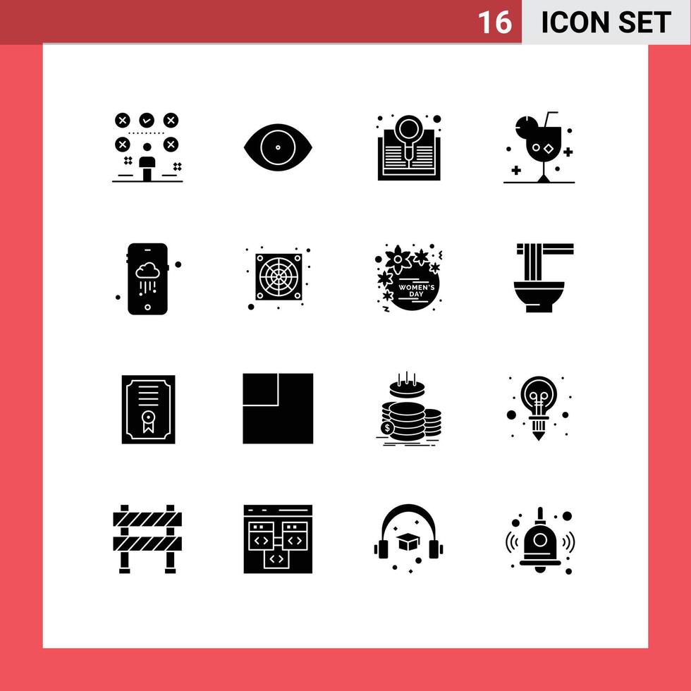grupo de 16 glifos sólidos modernos establecidos para la búsqueda de cócteles de visión de bebidas heladas elementos de diseño de vectores editables