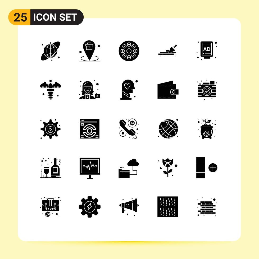 Modern Set of 25 Solid Glyphs Pictograph of billboard trovel media building brickwork Editable Vector Design Elements