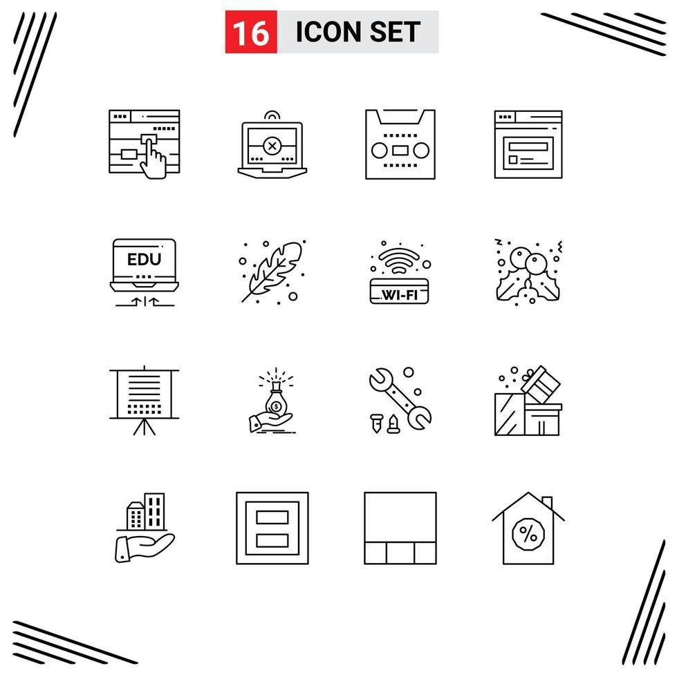 Pack of 16 Modern Outlines Signs and Symbols for Web Print Media such as arrow laptop media website page Editable Vector Design Elements