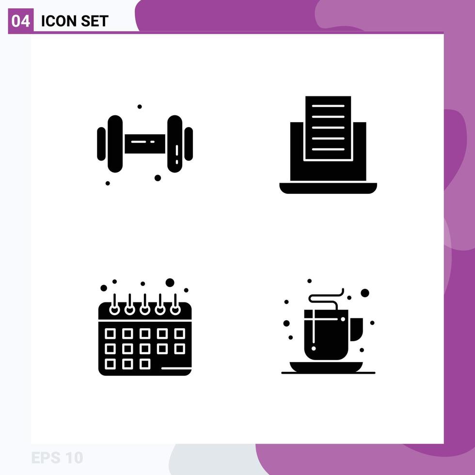 Modern Set of 4 Solid Glyphs Pictograph of gym coffee laptop diet planning office Editable Vector Design Elements