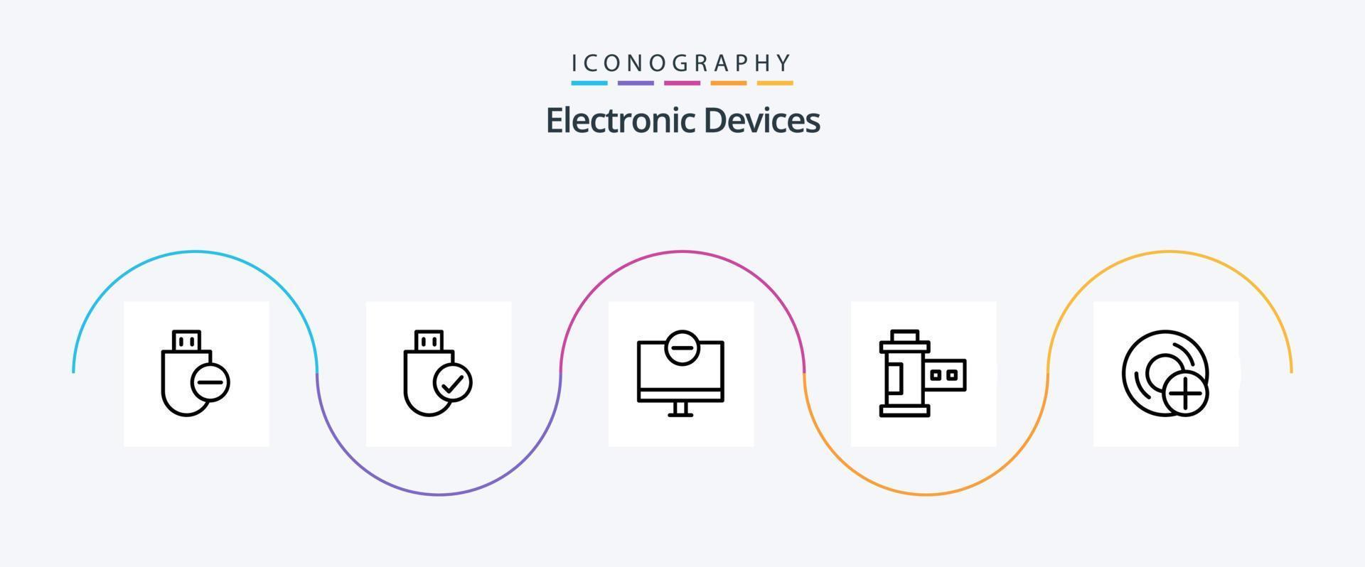 paquete de iconos de línea 5 de dispositivos que incluye foto. cámara. hardware. monitor. artilugio vector