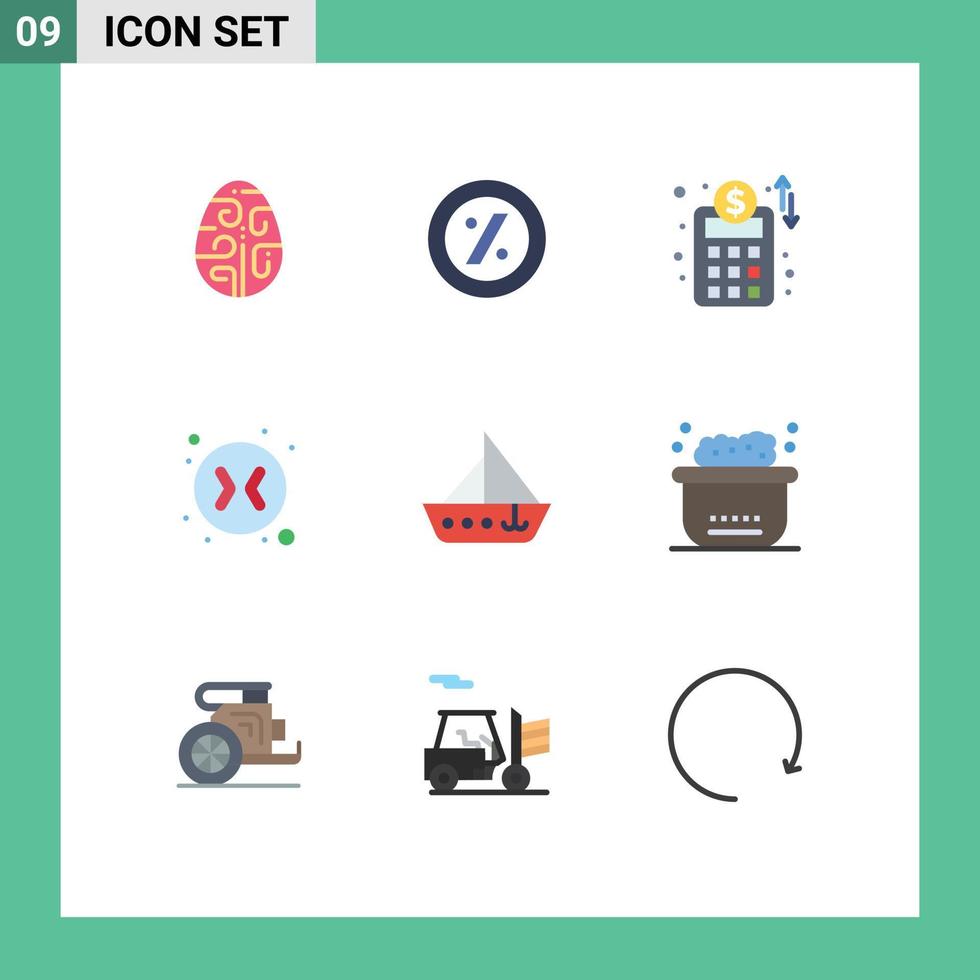 Mobile Interface Flat Color Set of 9 Pictograms of vehicles sail accounts plan boat change arrows Editable Vector Design Elements