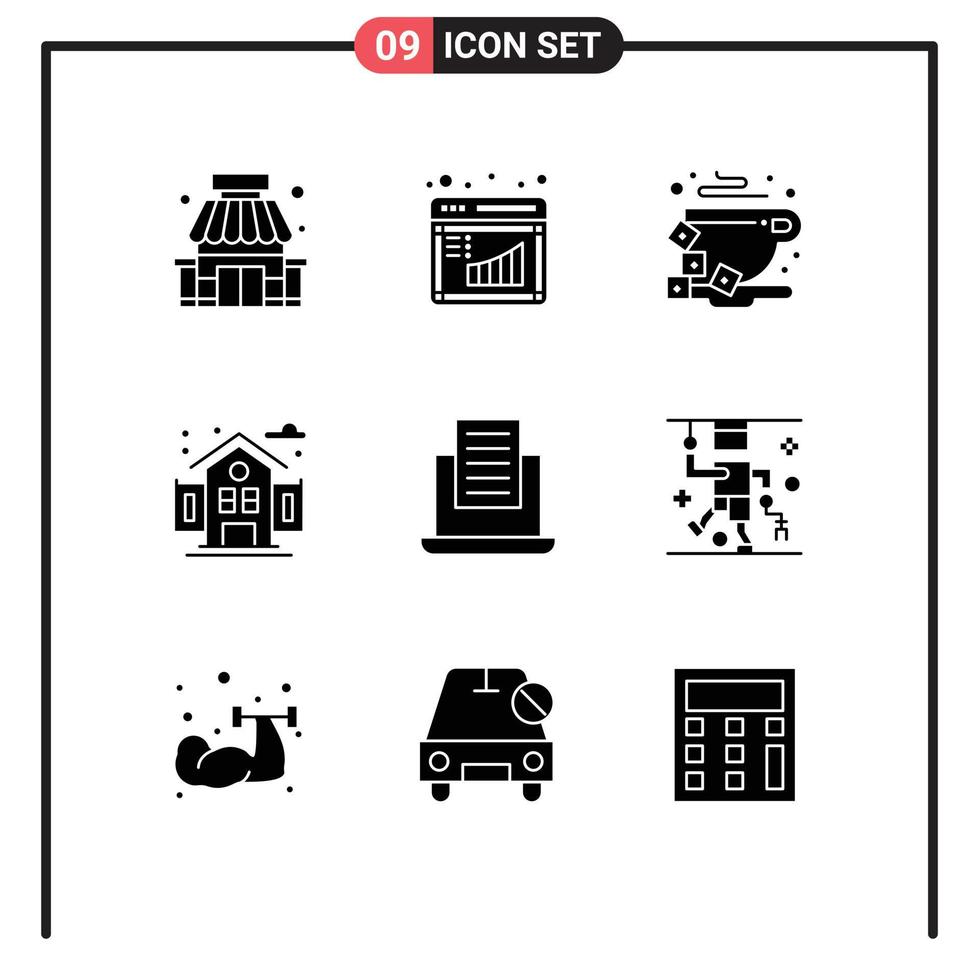 Mobile Interface Solid Glyph Set of 9 Pictograms of text laptop break school city Editable Vector Design Elements