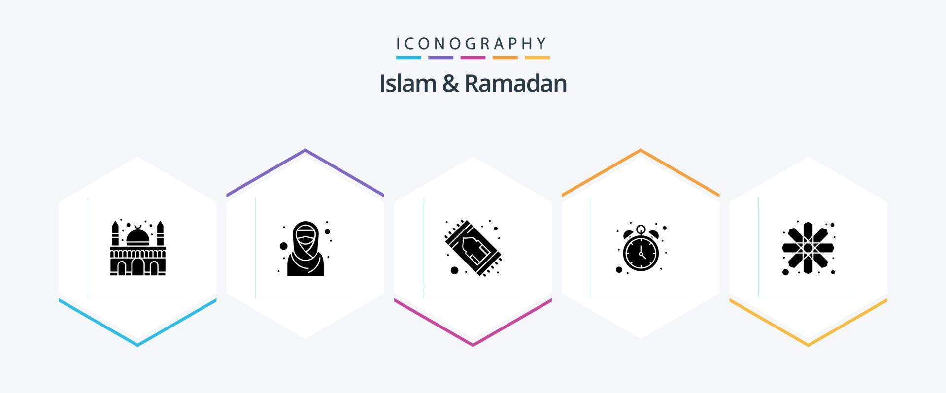 Islam And Ramadan 25 Glyph icon pack including islamic art. time. islam. ramadan. fasting vector