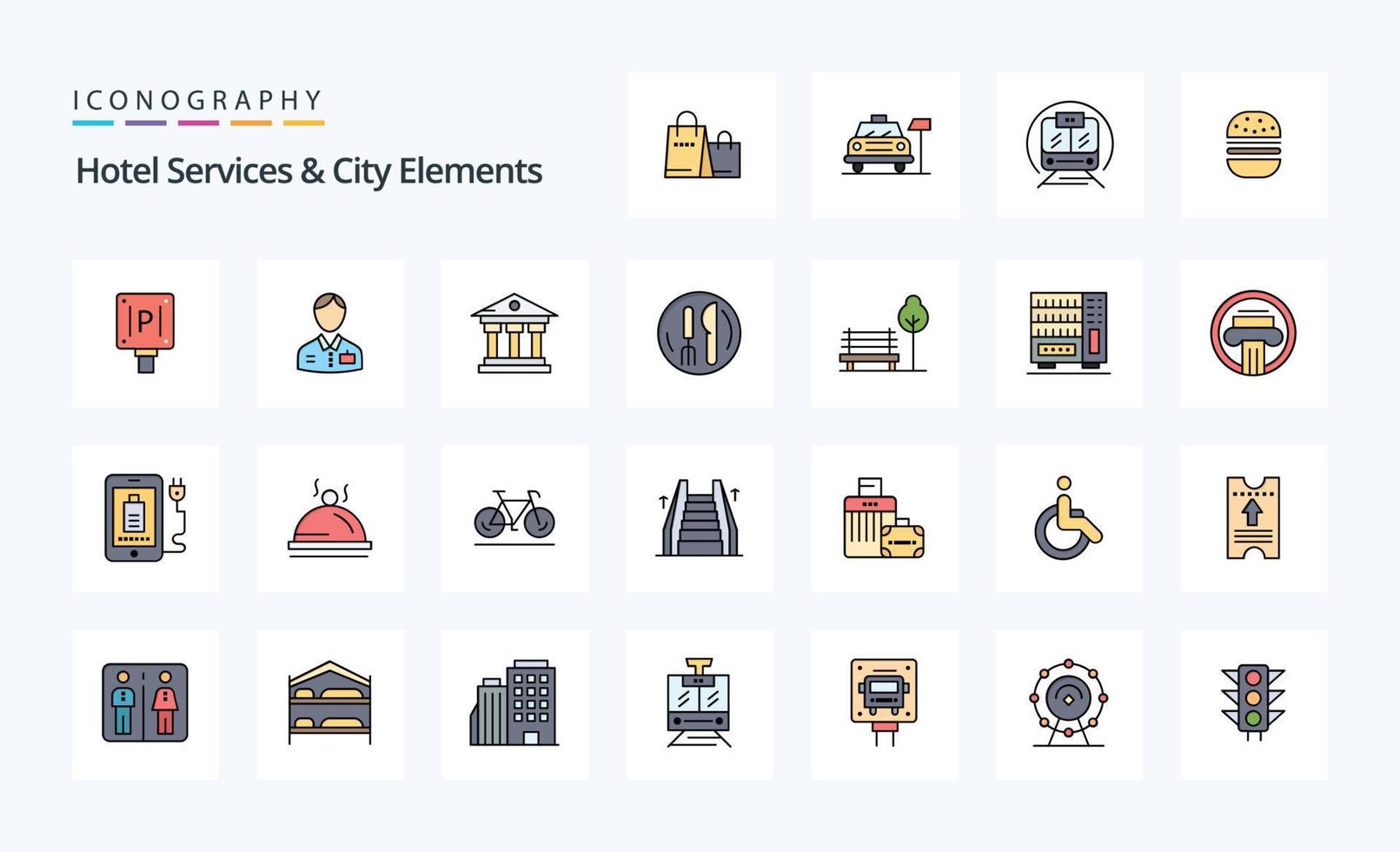 paquete de iconos de estilo lleno de línea de 25 servicios de hotel y elementos de la ciudad vector