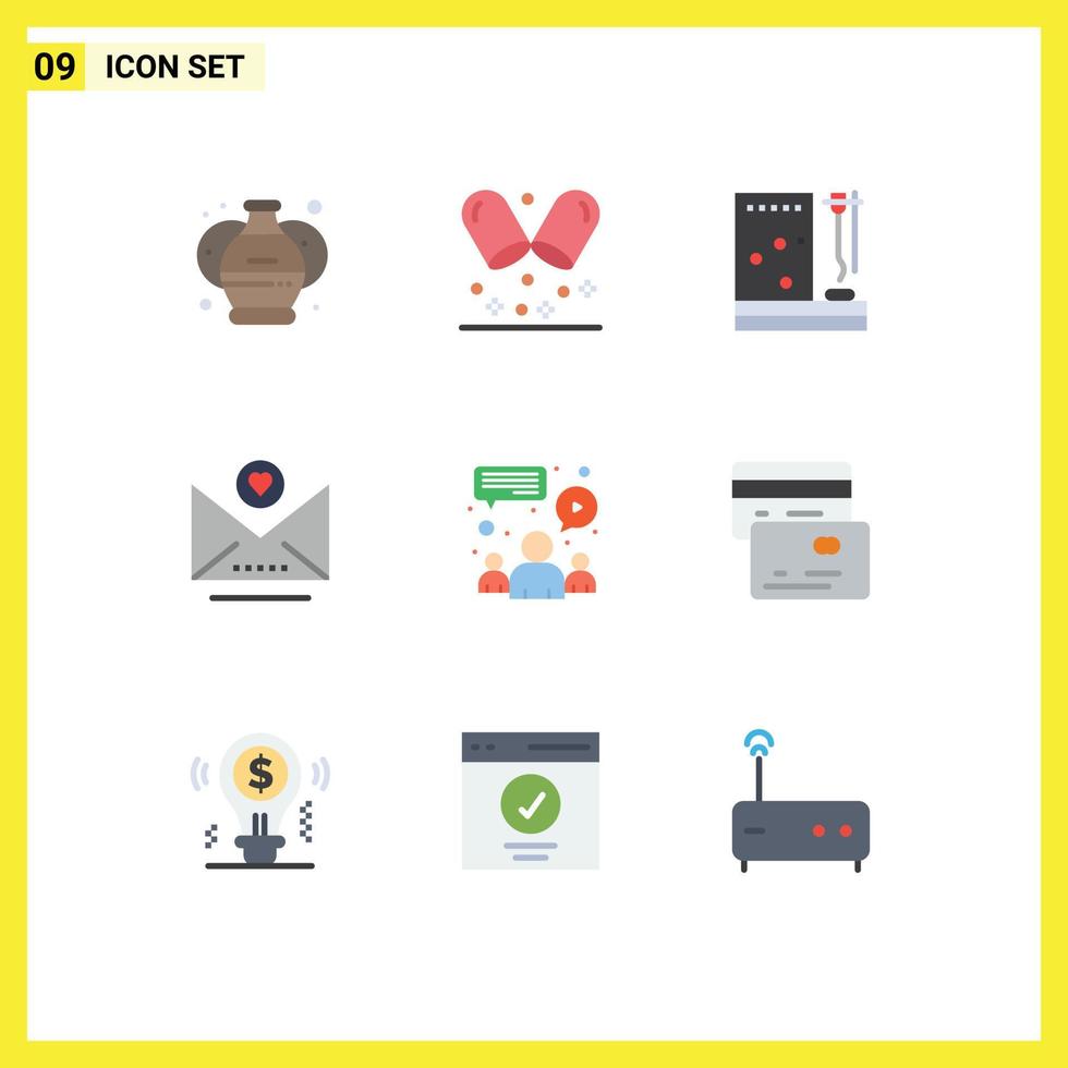 Editable Vector Line Pack of 9 Simple Flat Colors of meeting chat hospital message email Editable Vector Design Elements