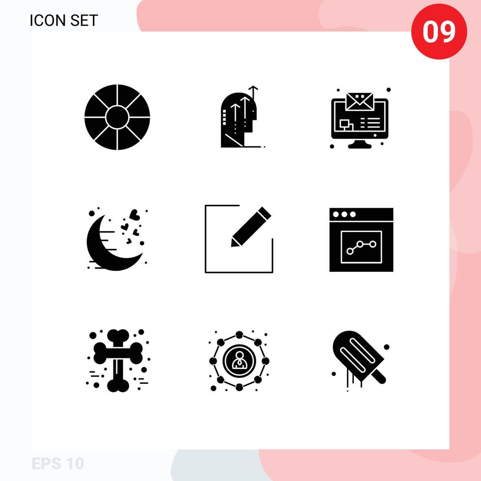 Mobile Interface Solid Glyph Set of 9 Pictograms of edit romantic imac night love Editable Vector Design Elements