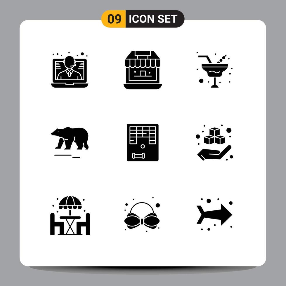 Group of 9 Solid Glyphs Signs and Symbols for fun canada champaign polar animal Editable Vector Design Elements