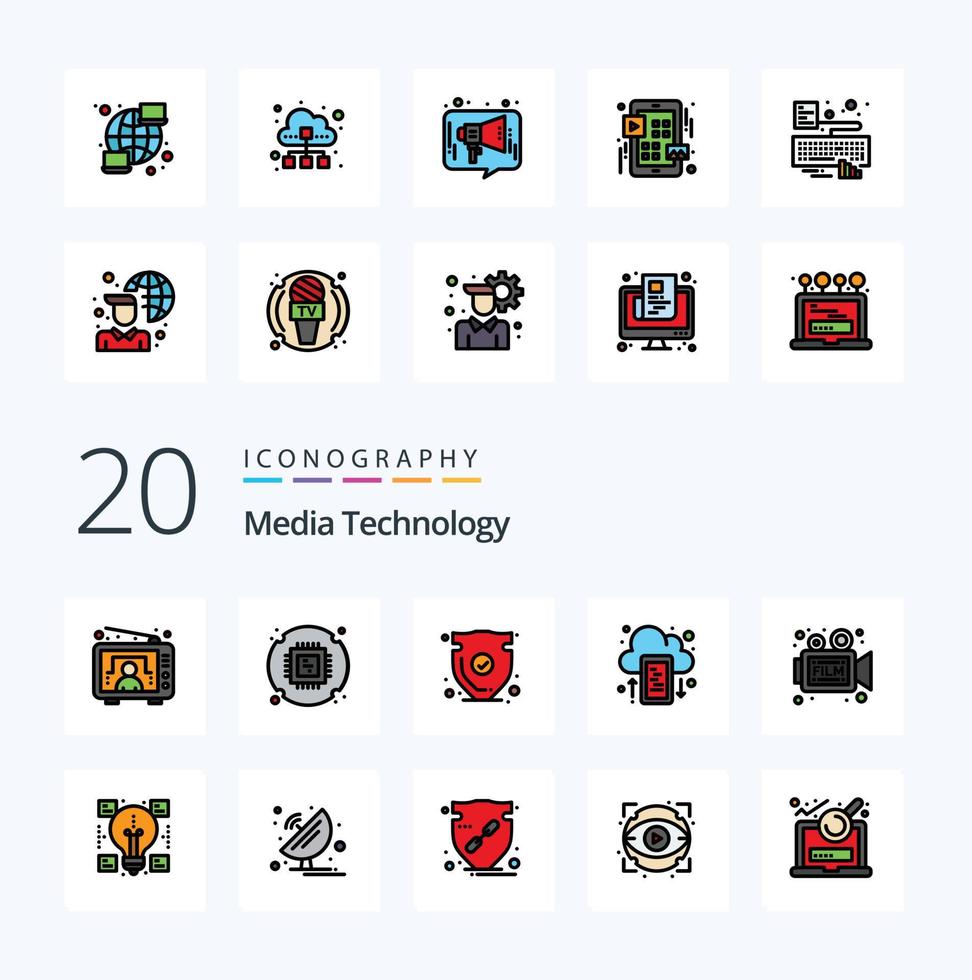 20 Media Technology Line Filled Color icon Pack like camera mobile security drive verify vector