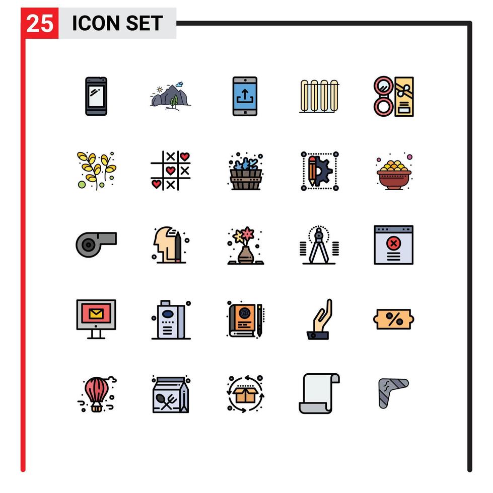 Filled line Flat Color Pack of 25 Universal Symbols of hot battery mountain upload mobile application Editable Vector Design Elements