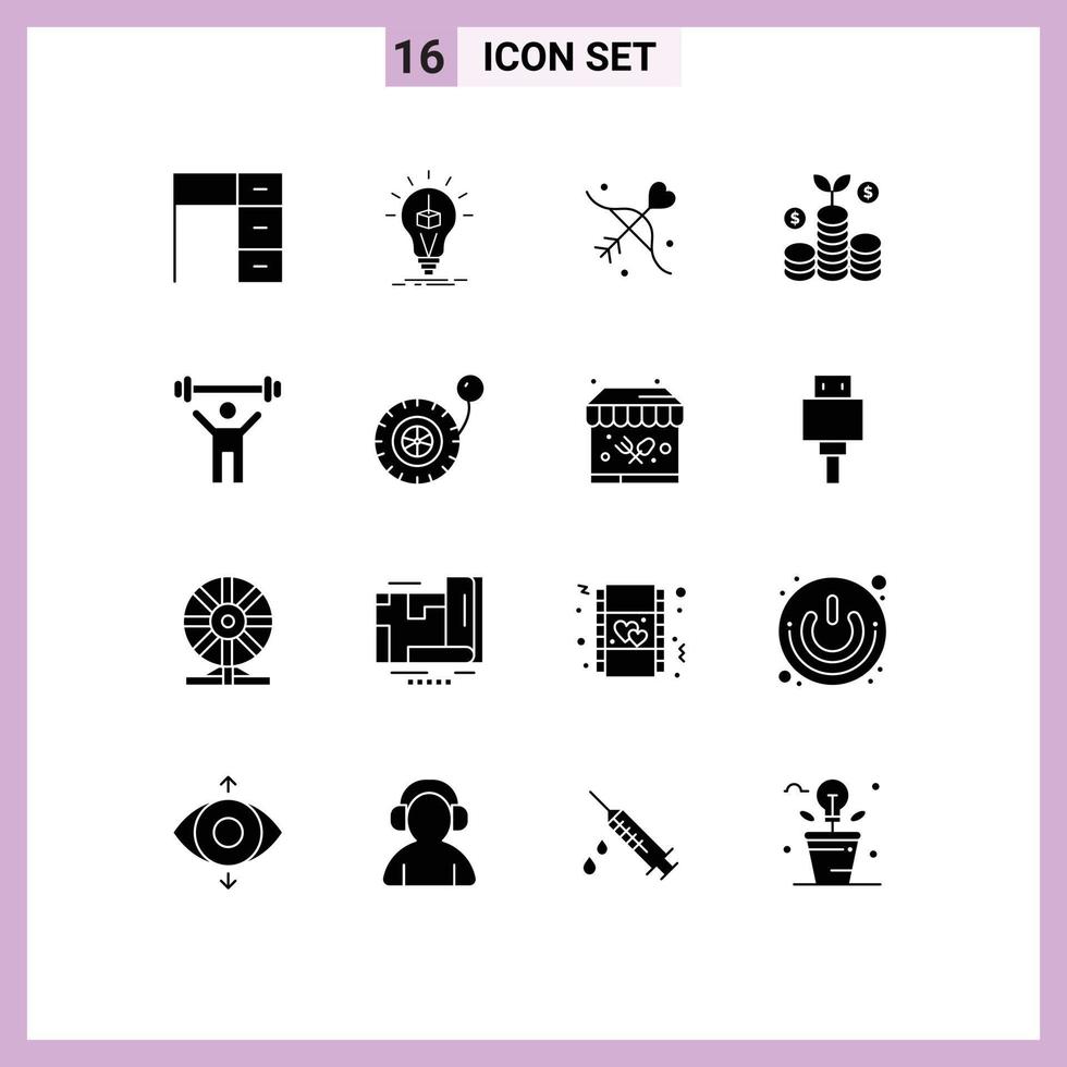 Pack of 16 creative Solid Glyphs of fitness investment printing business marriage Editable Vector Design Elements