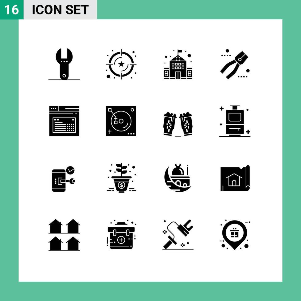 grupo de 16 signos y símbolos de glifos sólidos para la educación de la página del sitio web alicates de Internet elementos de diseño de vectores editables