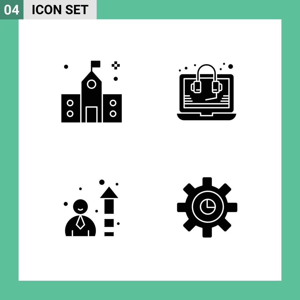 Pack of 4 creative Solid Glyphs of building efficiency preparatory help speedometer Editable Vector Design Elements