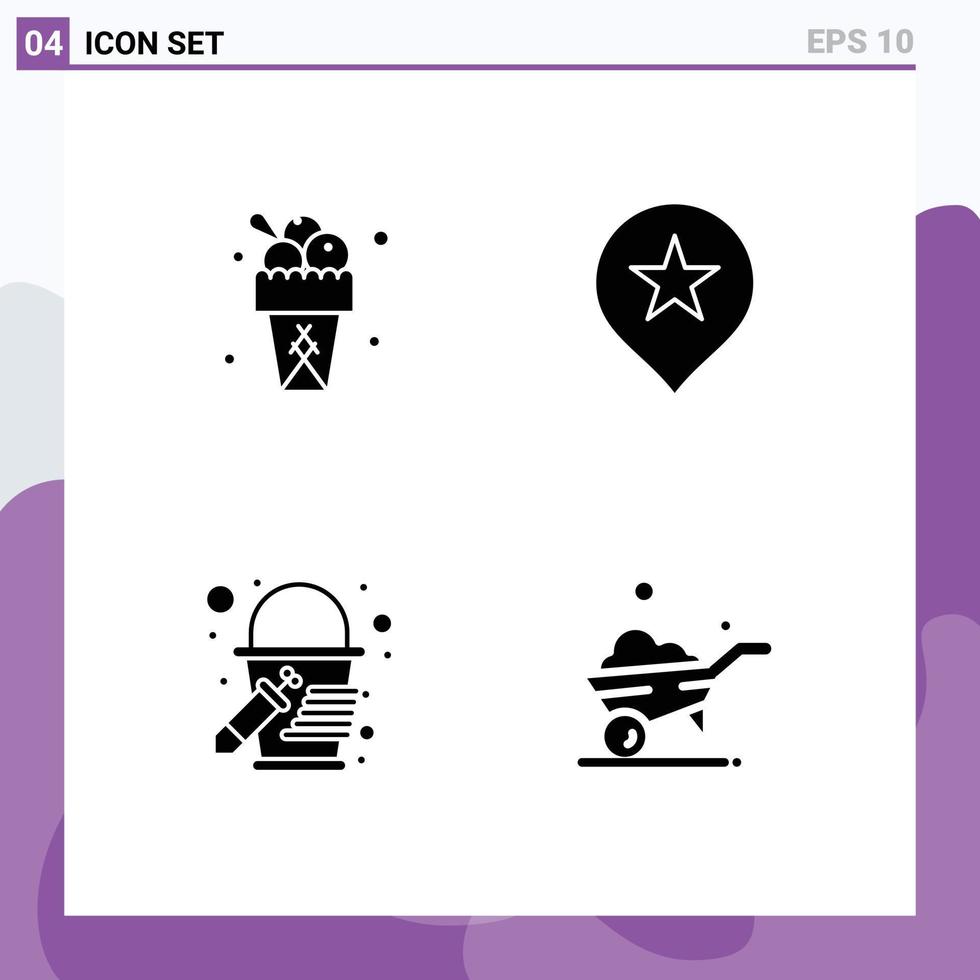 Group of 4 Solid Glyphs Signs and Symbols for ice cream paint bucket summer navigation vehicle Editable Vector Design Elements
