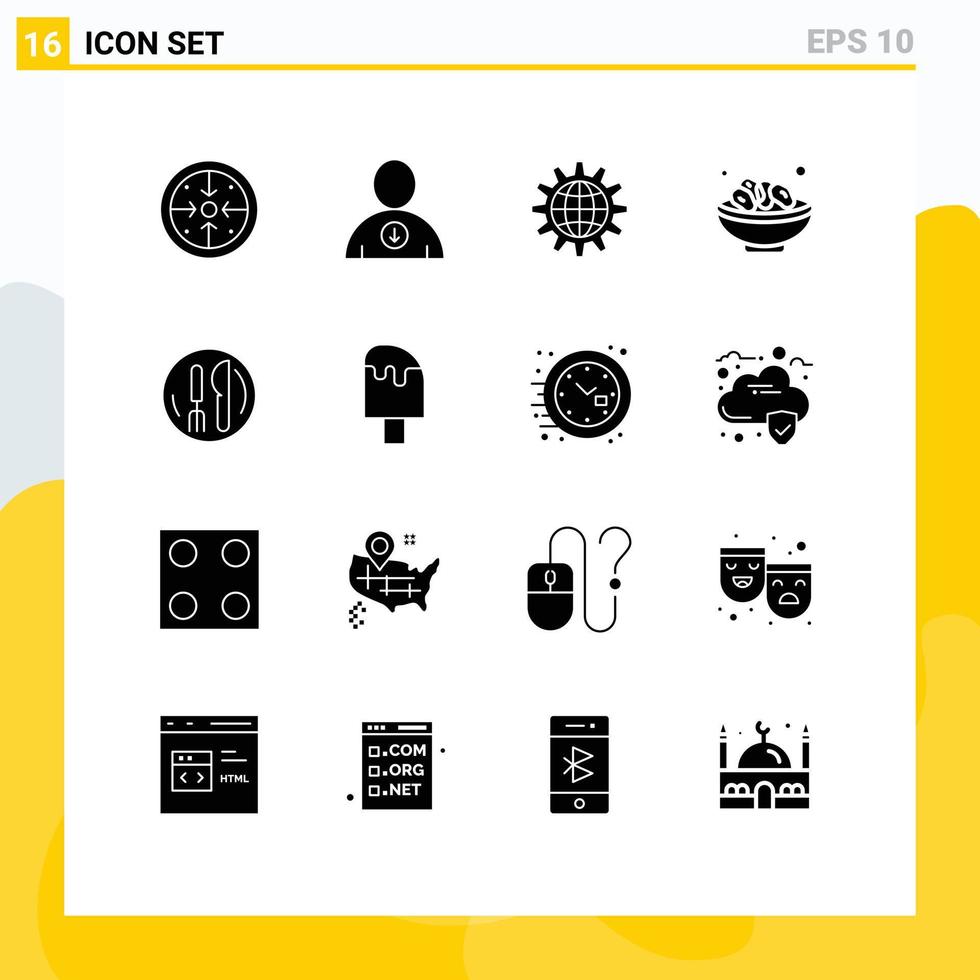 User Interface Pack of 16 Basic Solid Glyphs of islam bowl global world gear Editable Vector Design Elements