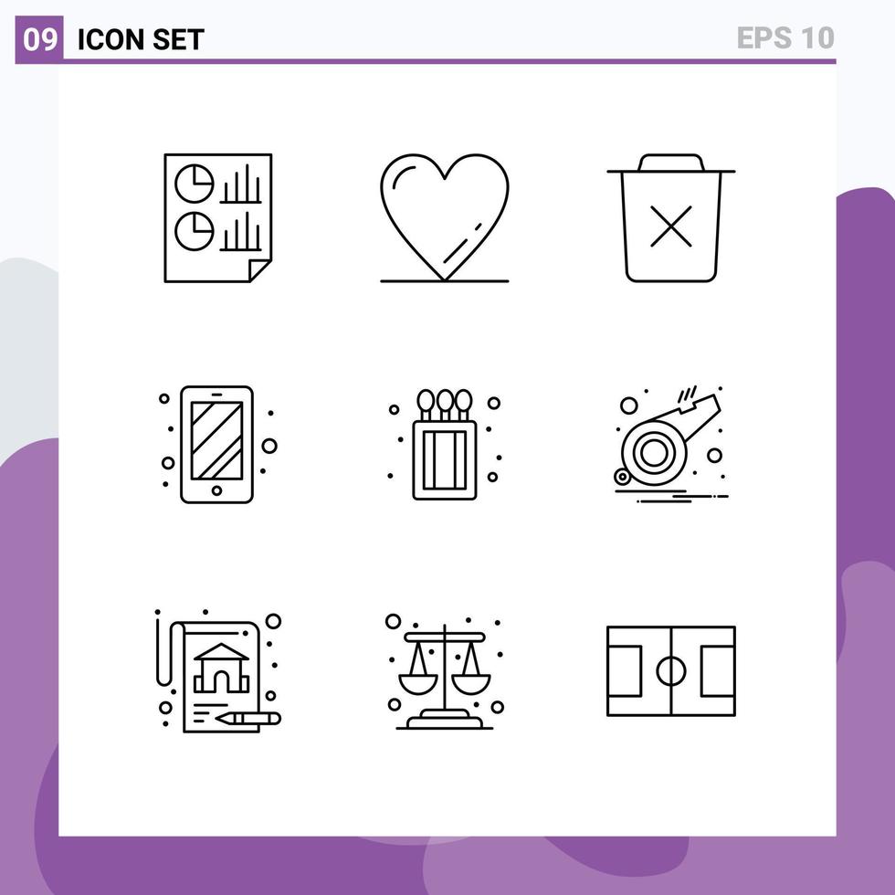 Pictogram Set of 9 Simple Outlines of fire access basic smart phone trash Editable Vector Design Elements
