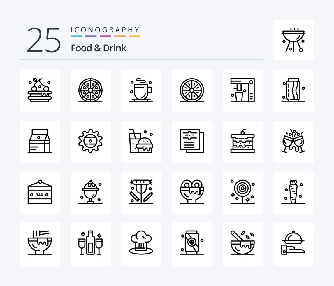 paquete de iconos de 25 líneas de comida y bebida que incluye rebanada. Fruta. rebanadas alimento. vector