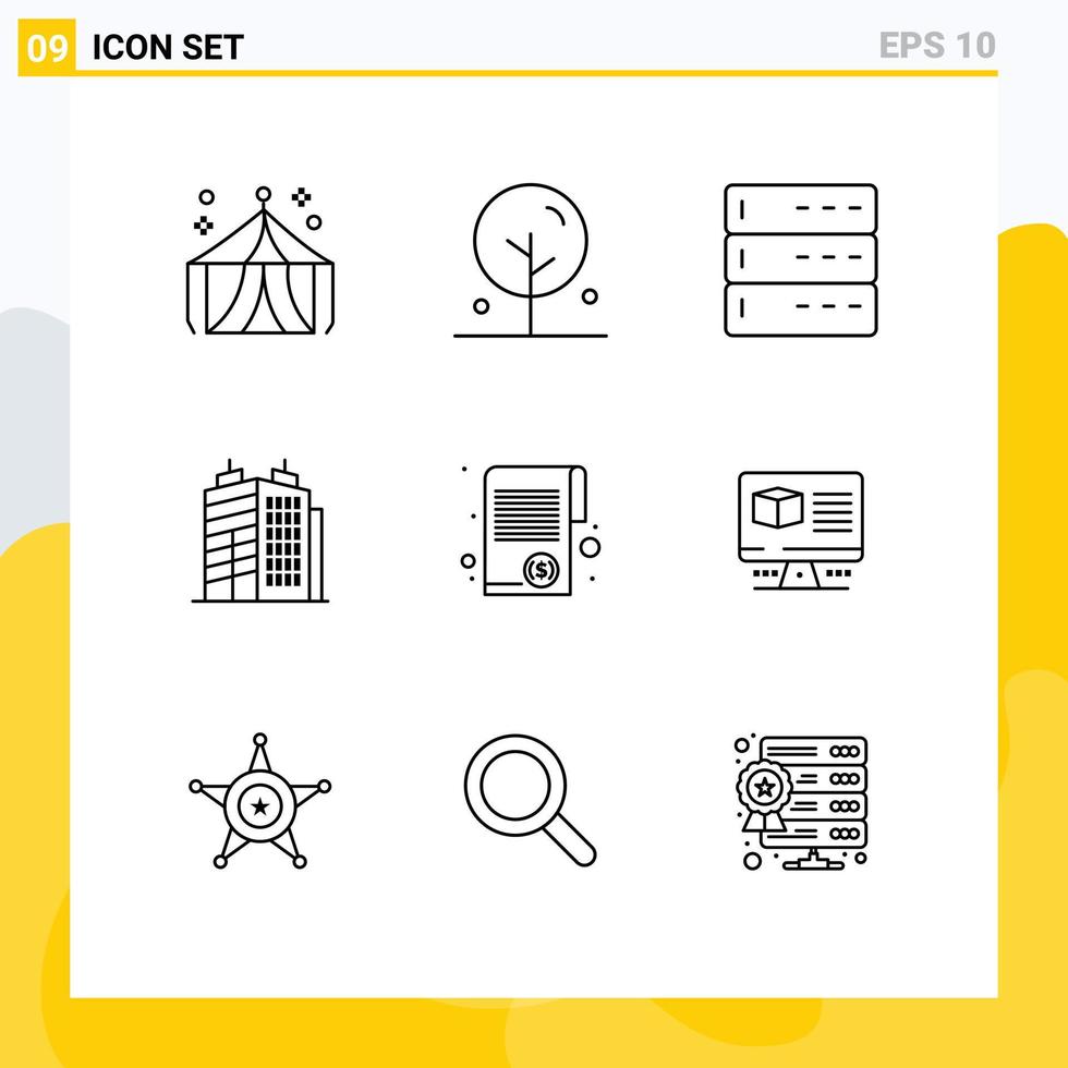 9 User Interface Outline Pack of modern Signs and Symbols of money document admin real building Editable Vector Design Elements