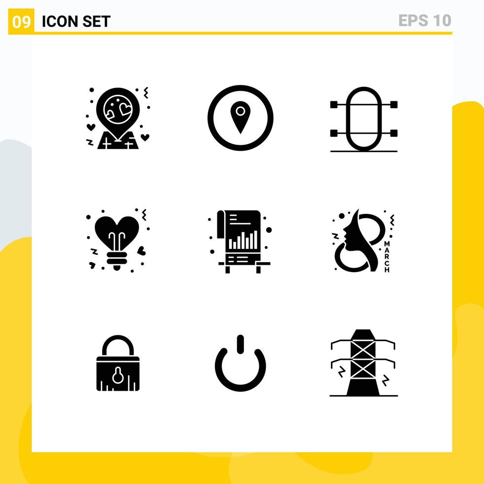 Set of 9 Commercial Solid Glyphs pack for documents valentines game stars bulb Editable Vector Design Elements
