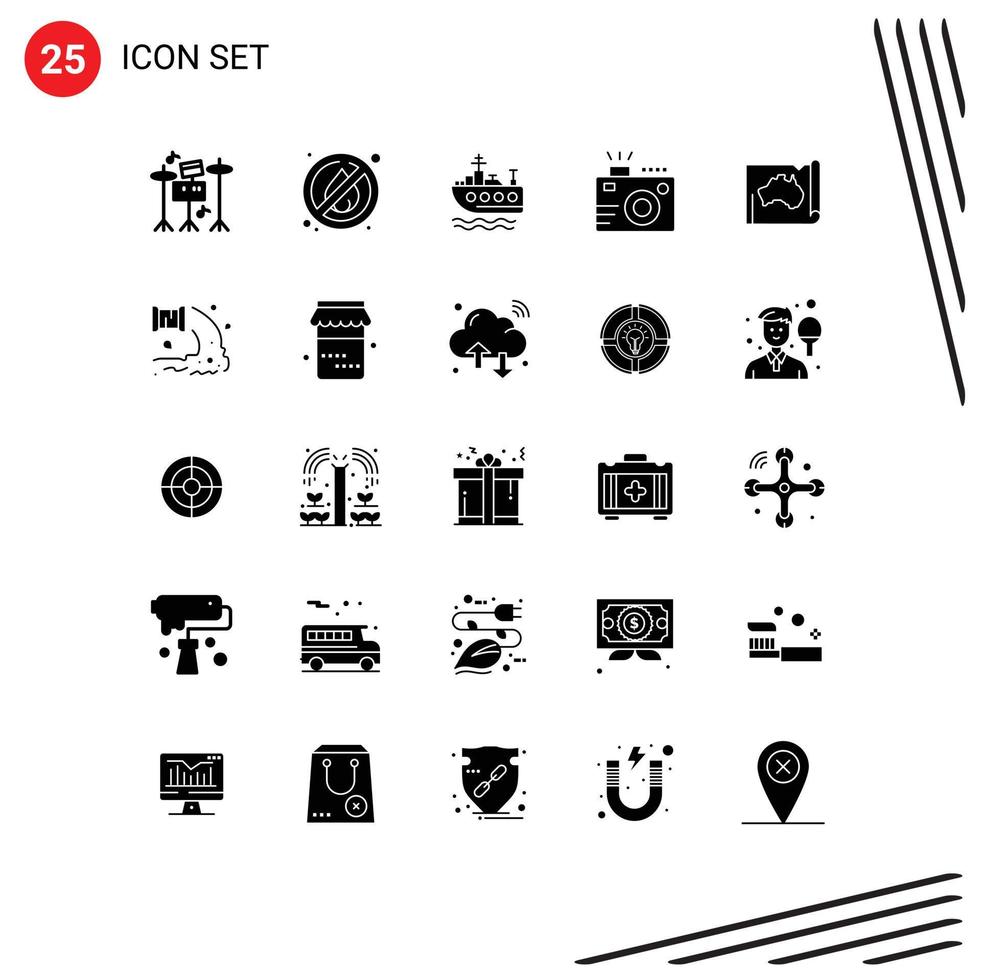 Solid Glyph Pack of 25 Universal Symbols of location australian transport australia photography Editable Vector Design Elements