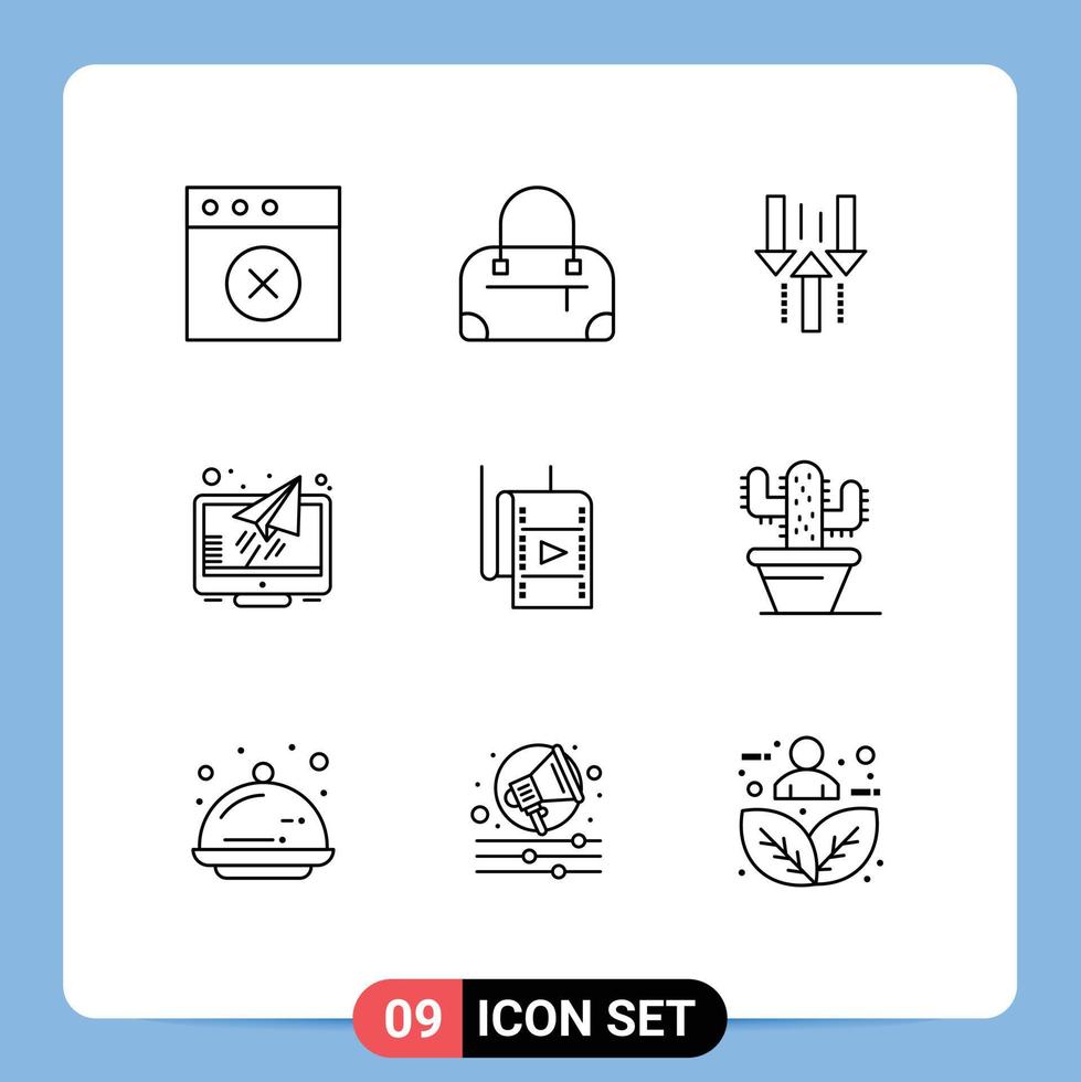 9 Universal Outlines Set for Web and Mobile Applications theatre movie upload film reader Editable Vector Design Elements