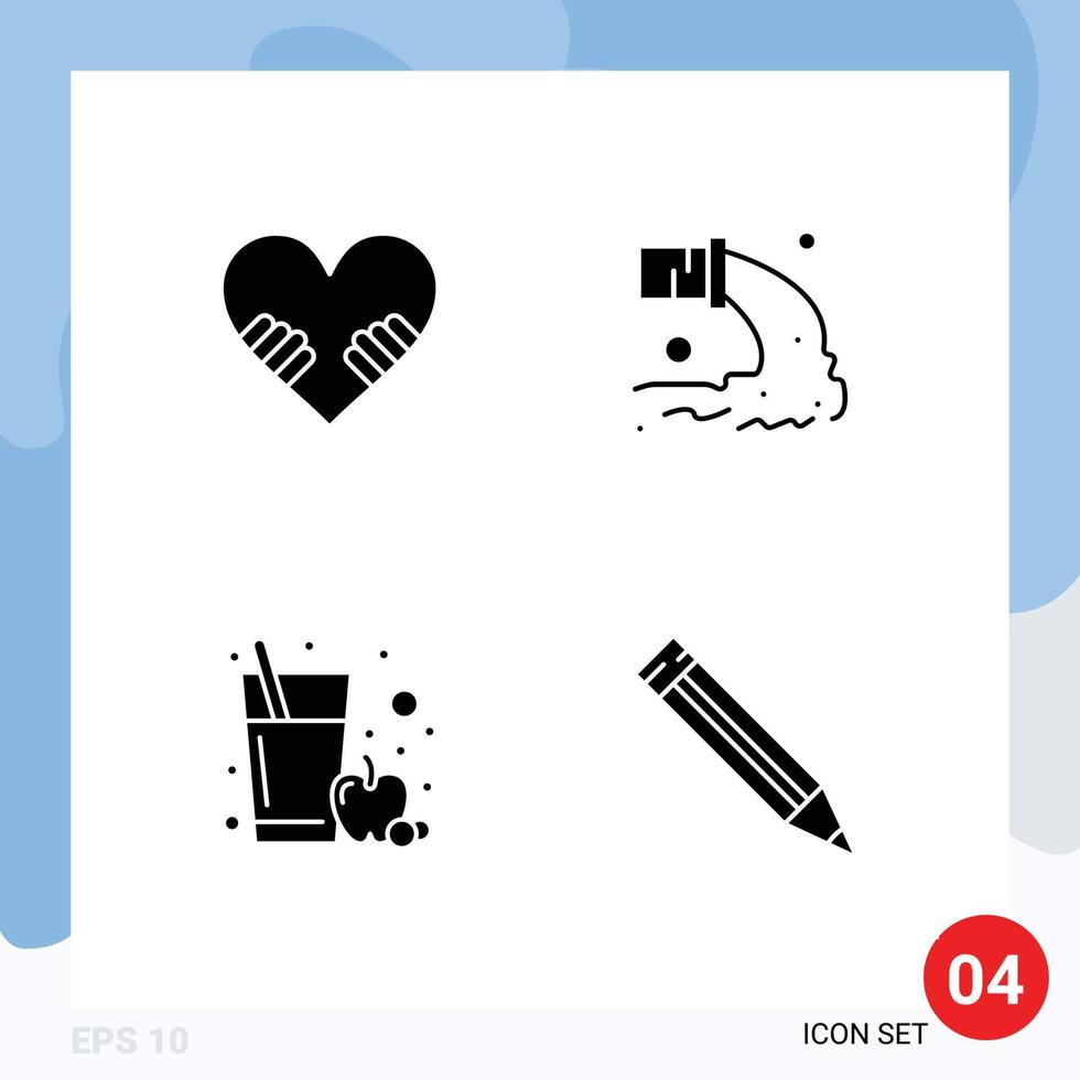 Set of 4 Commercial Solid Glyphs pack for heart fruit juice pipe sewage education Editable Vector Design Elements
