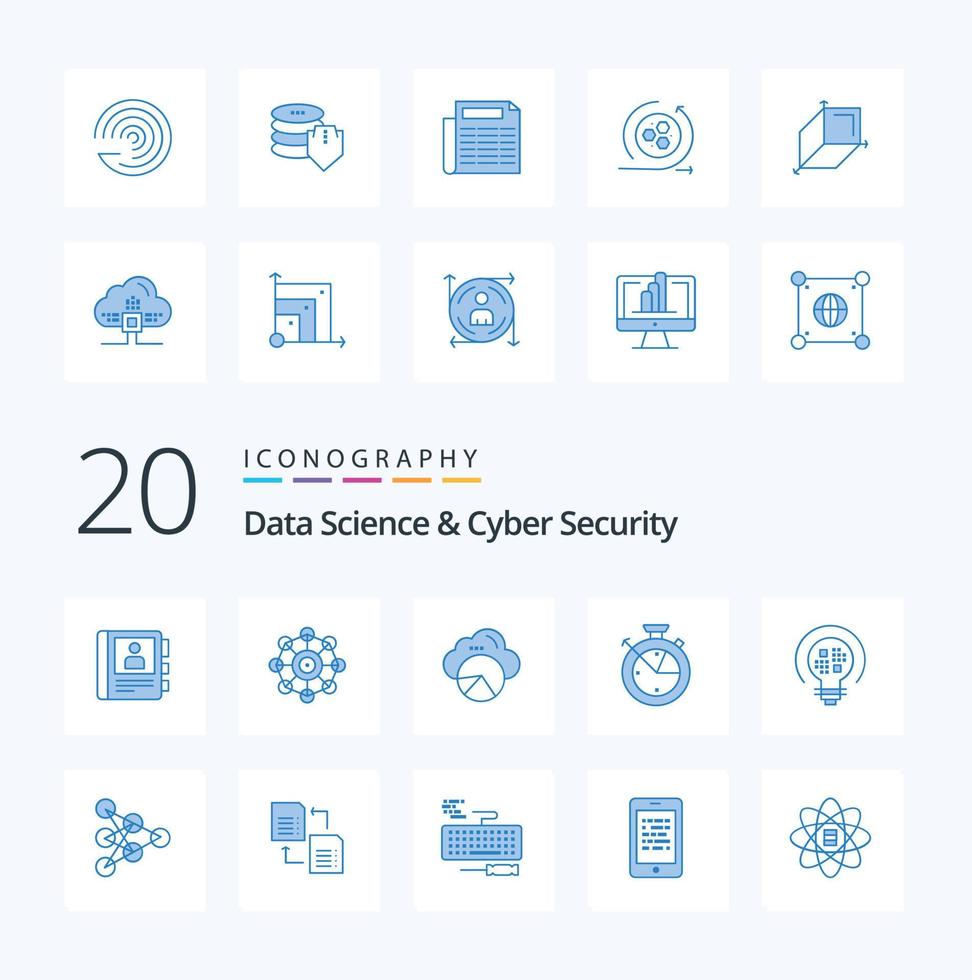 20 Data Science And Cyber Security Blue Color icon Pack like insight data scince reporting clock measure vector