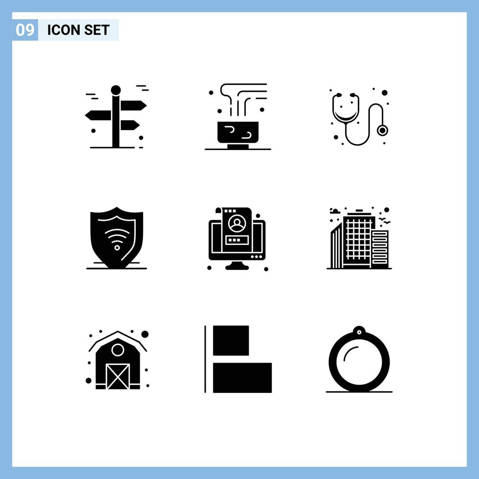 Modern Set of 9 Solid Glyphs Pictograph of shield internet security hot drink internet medicine Editable Vector Design Elements