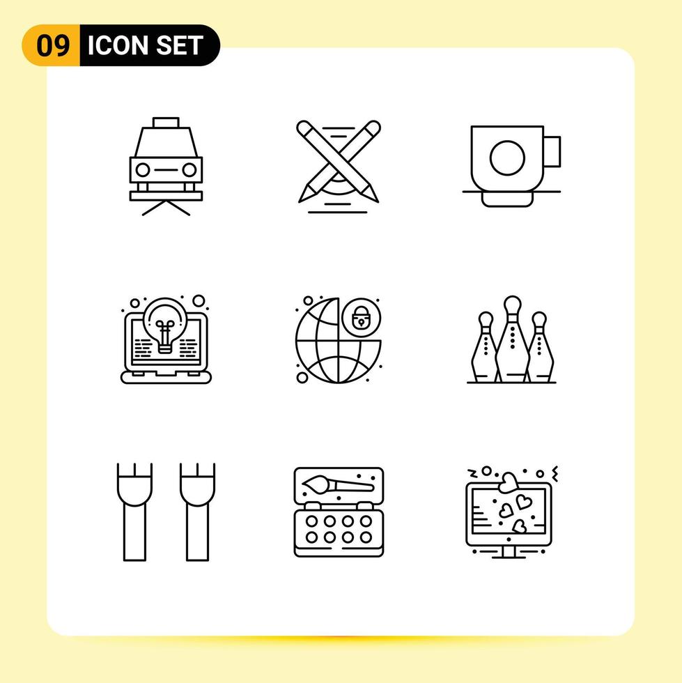 Group of 9 Outlines Signs and Symbols for lock light coffee invention coding Editable Vector Design Elements
