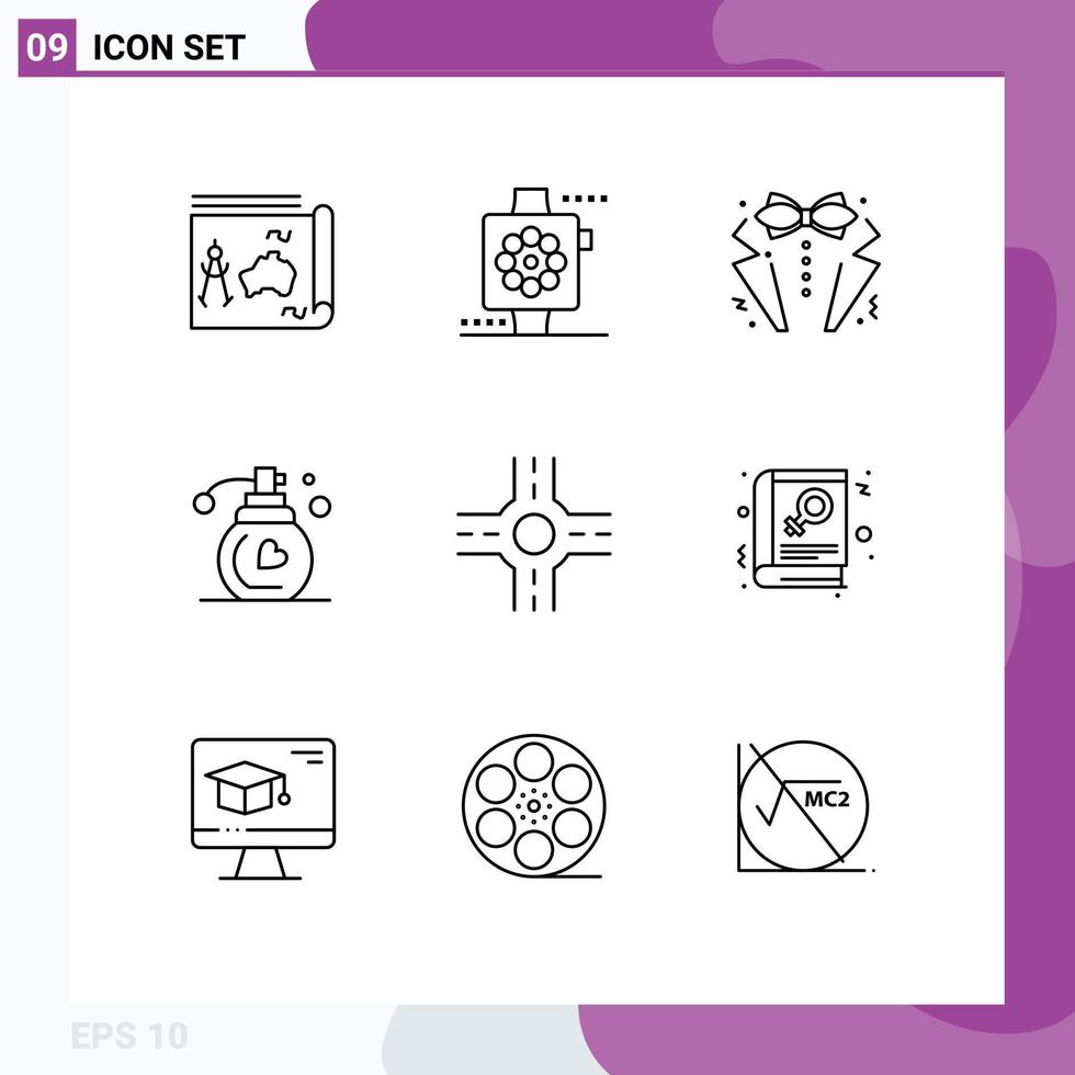 Outline Pack of 9 Universal Symbols of crossroad fragrance watch perfume suit Editable Vector Design Elements