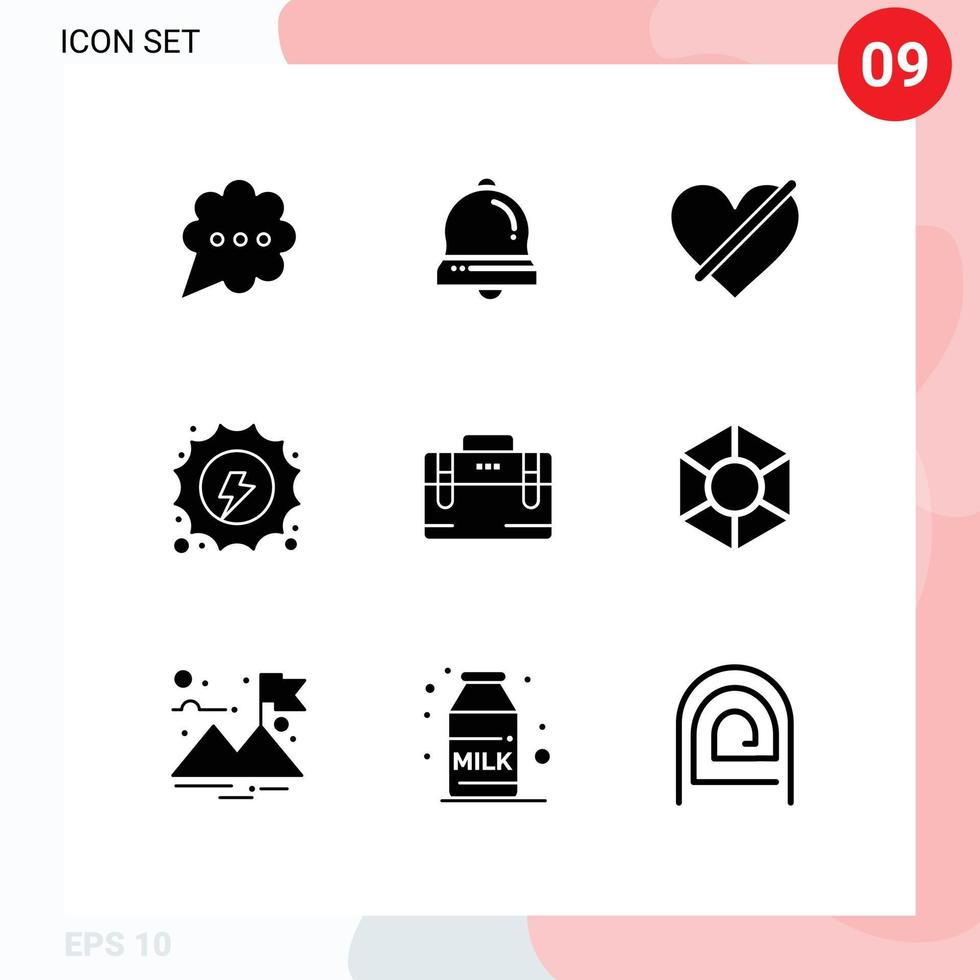 Pack of 9 creative Solid Glyphs of office bag hydropower access hydro electrical Editable Vector Design Elements